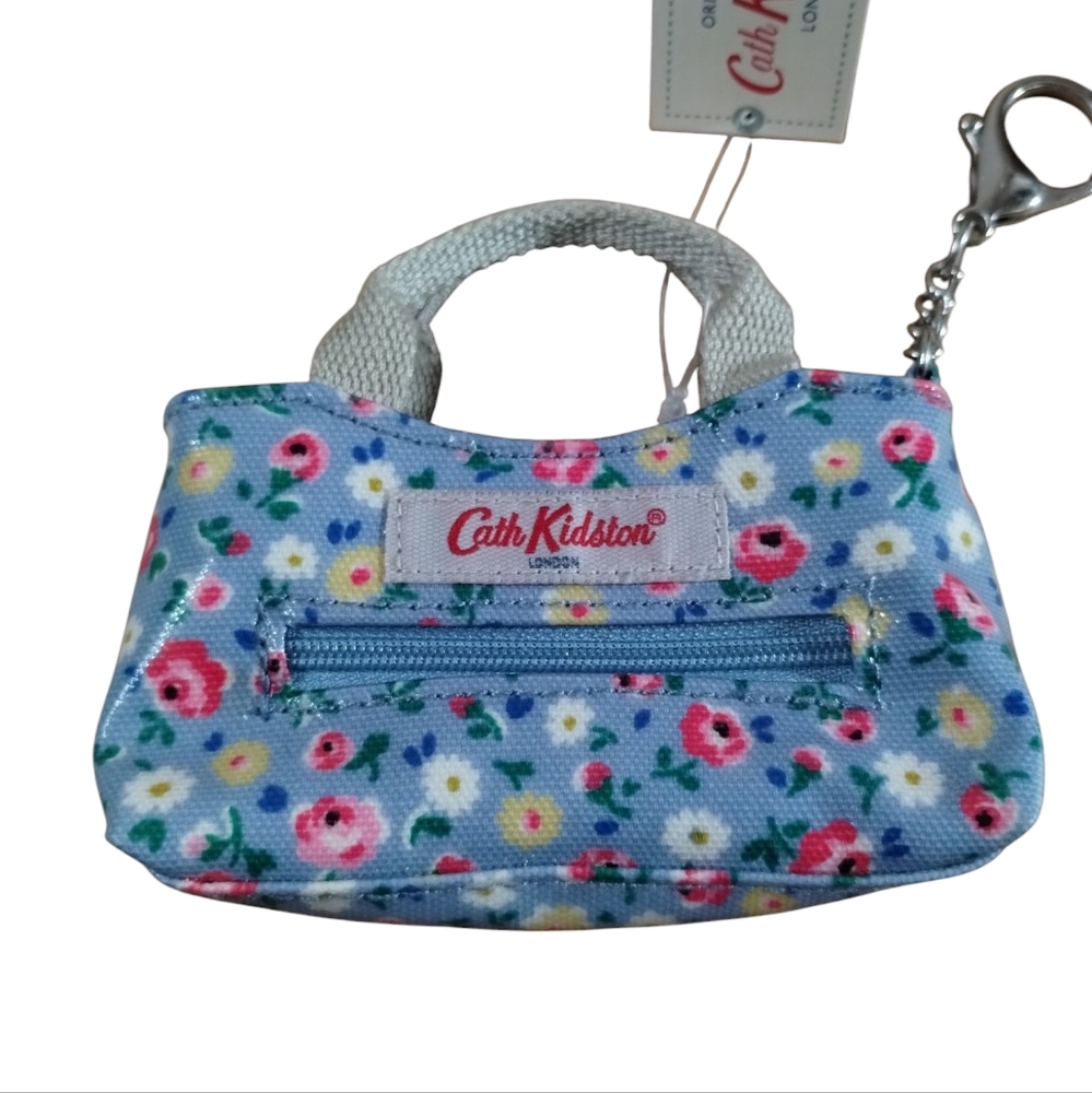 Cath Kidston London Coin Purse Mini Bag Key Ring Clip Floral Print Blue Flowers